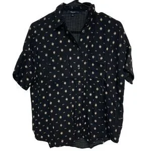 Madewell Women’s Black Cream Cotton Viscose Blend Button Up Short Sleeve Size XS